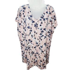 J Jill Wearever Pleated Back Dusty Plum Floral Women's Cap Sleeve Tunic Shirt  L